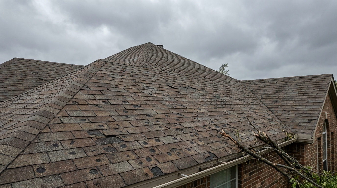 Storm-damaged roof before