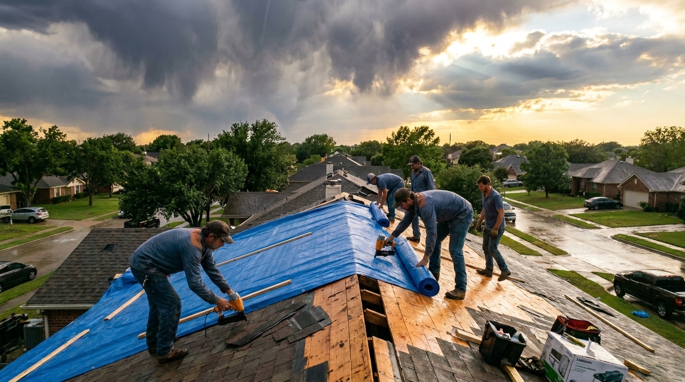 Emergency roof tarp after storm