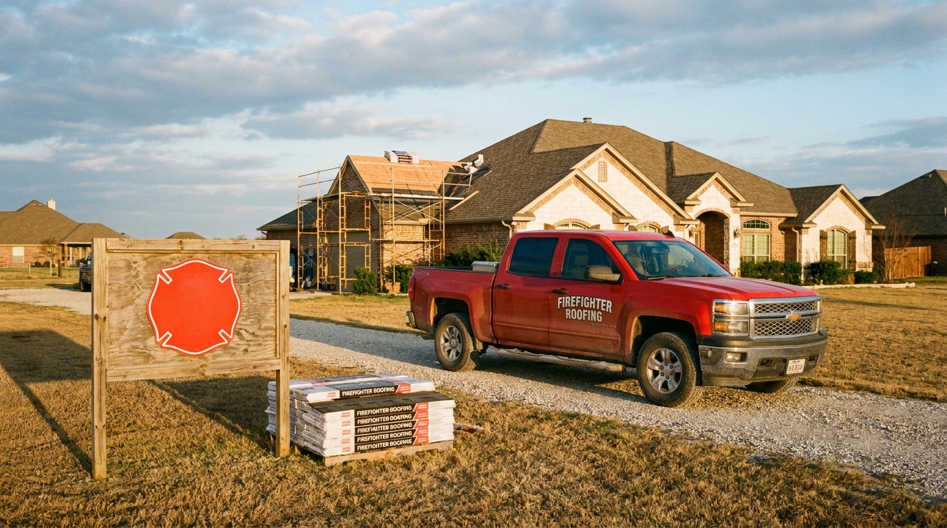 Firefighter Roofing truck on a North Texas job site